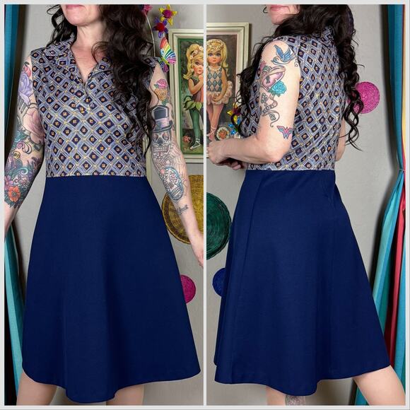 Vintage 1970s Blue Sleeveless Collar A-Line Minidress - Picture 4 of 9